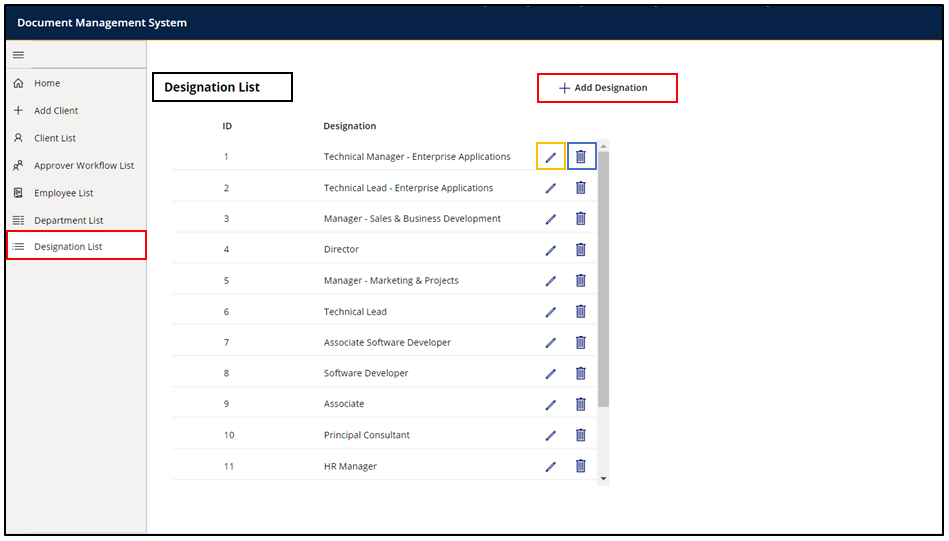 20. Designation List’. Here the names of Designations will appear along with the option