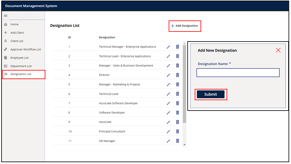 22. designation name & a submit button to save the new designation as shown below