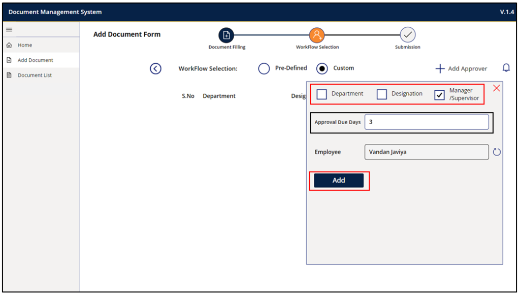 36. When clicked, approver adding form will appear as shown below